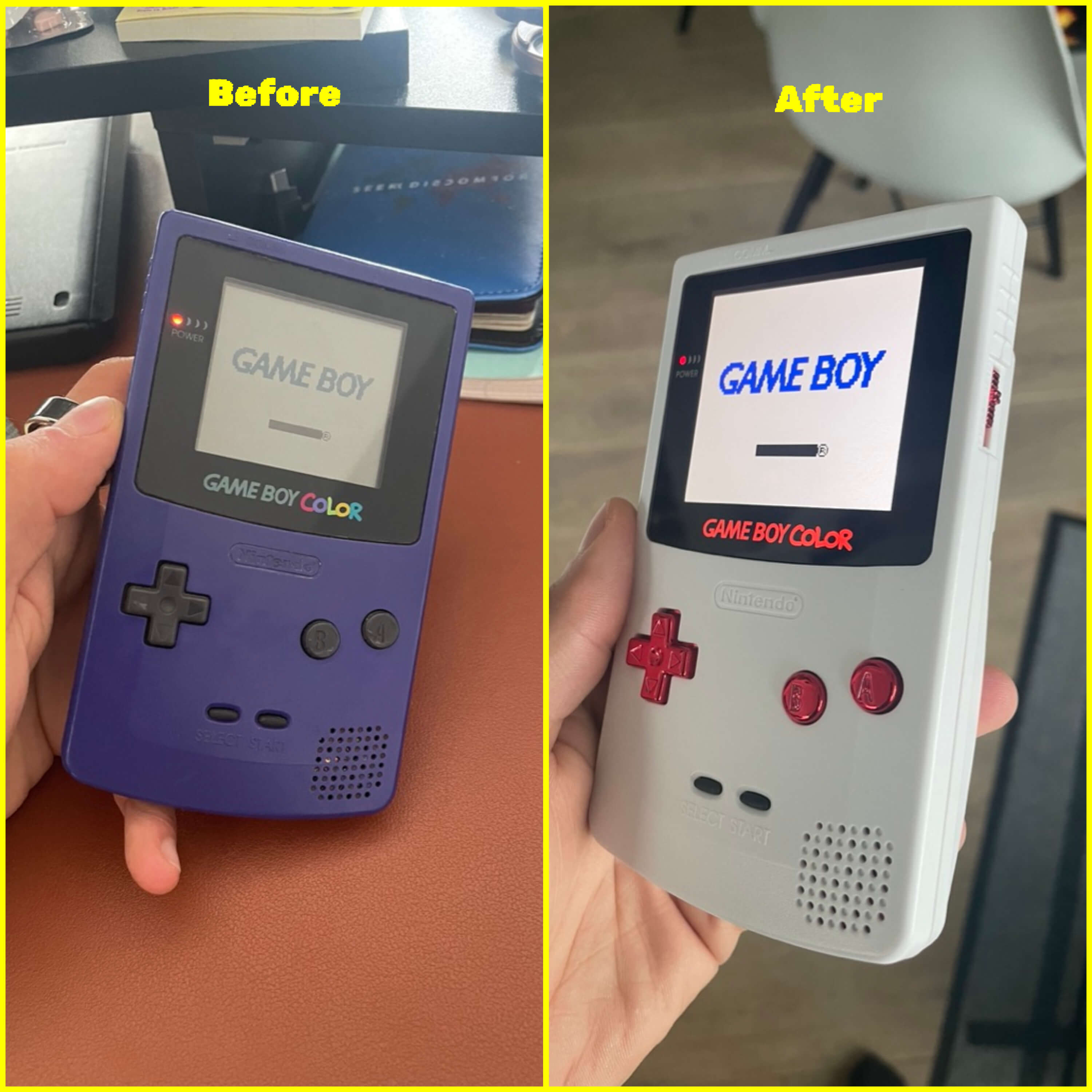 Before and after modding the GameBoy Color console