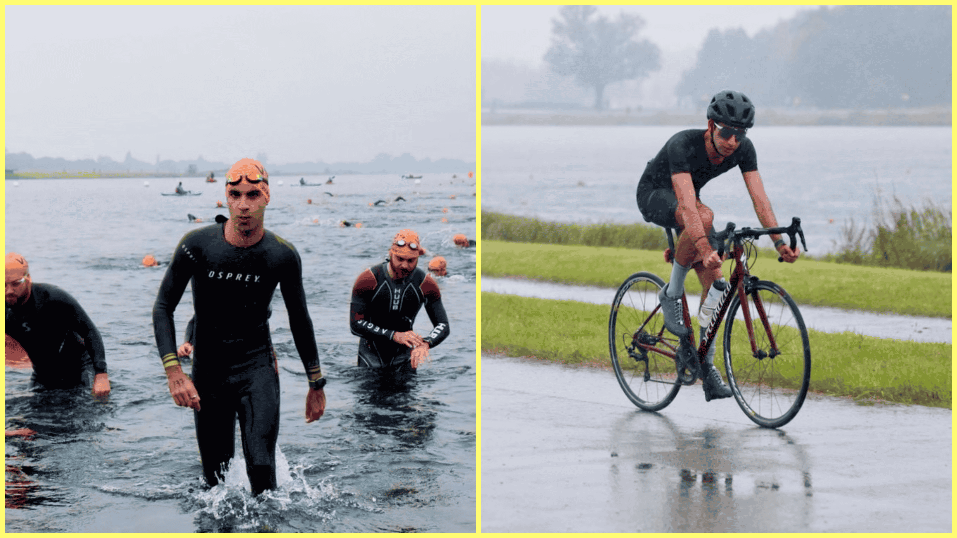 Pictures from the Dorney Sprint Triathlon in September 2024, my second triathlon. On the left, the exit of the swim portion, on the right, biking under heavy rain.