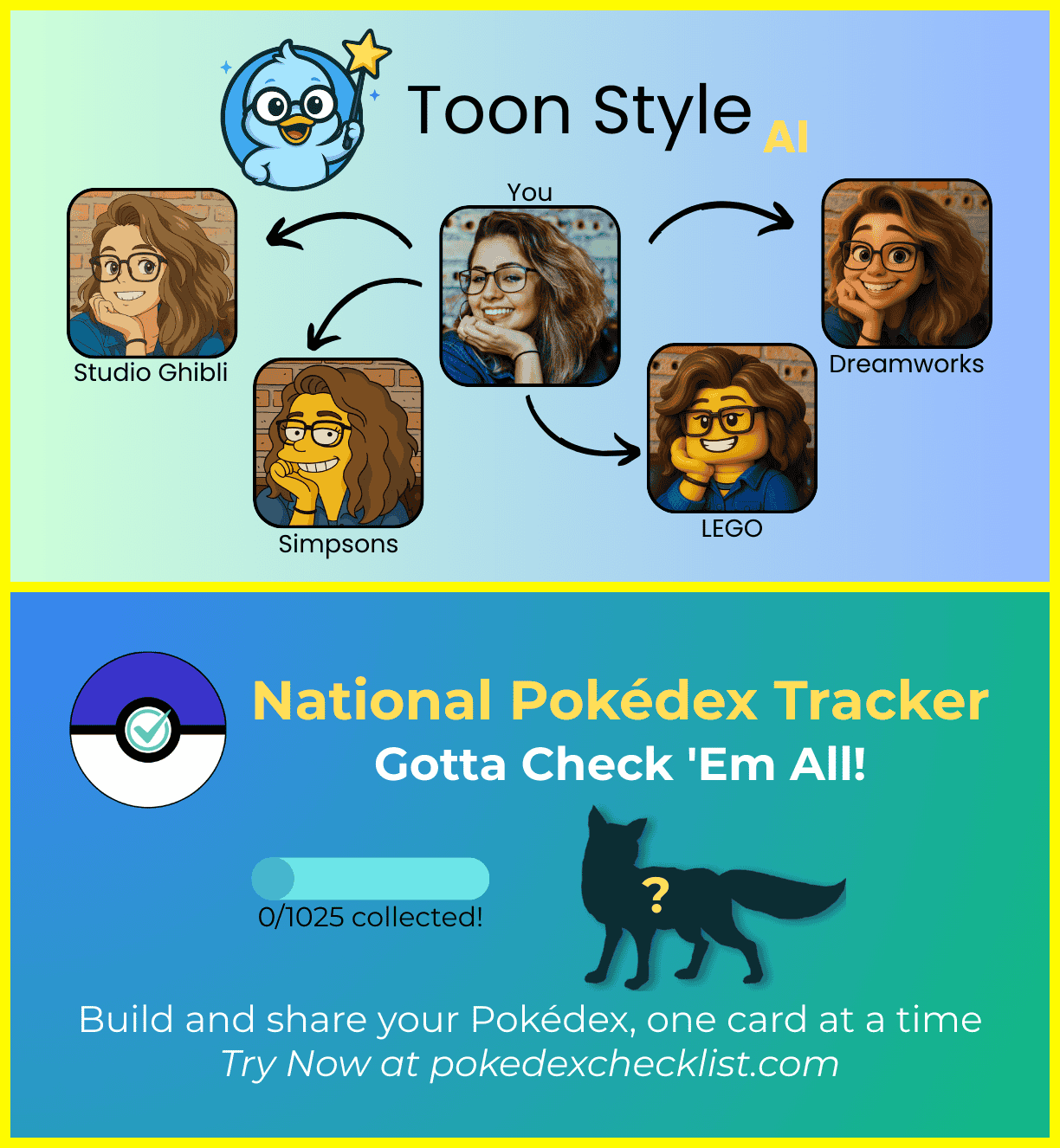 Cover images for both ToonStyle AI (top) and Pokedex Checklist (bottom)