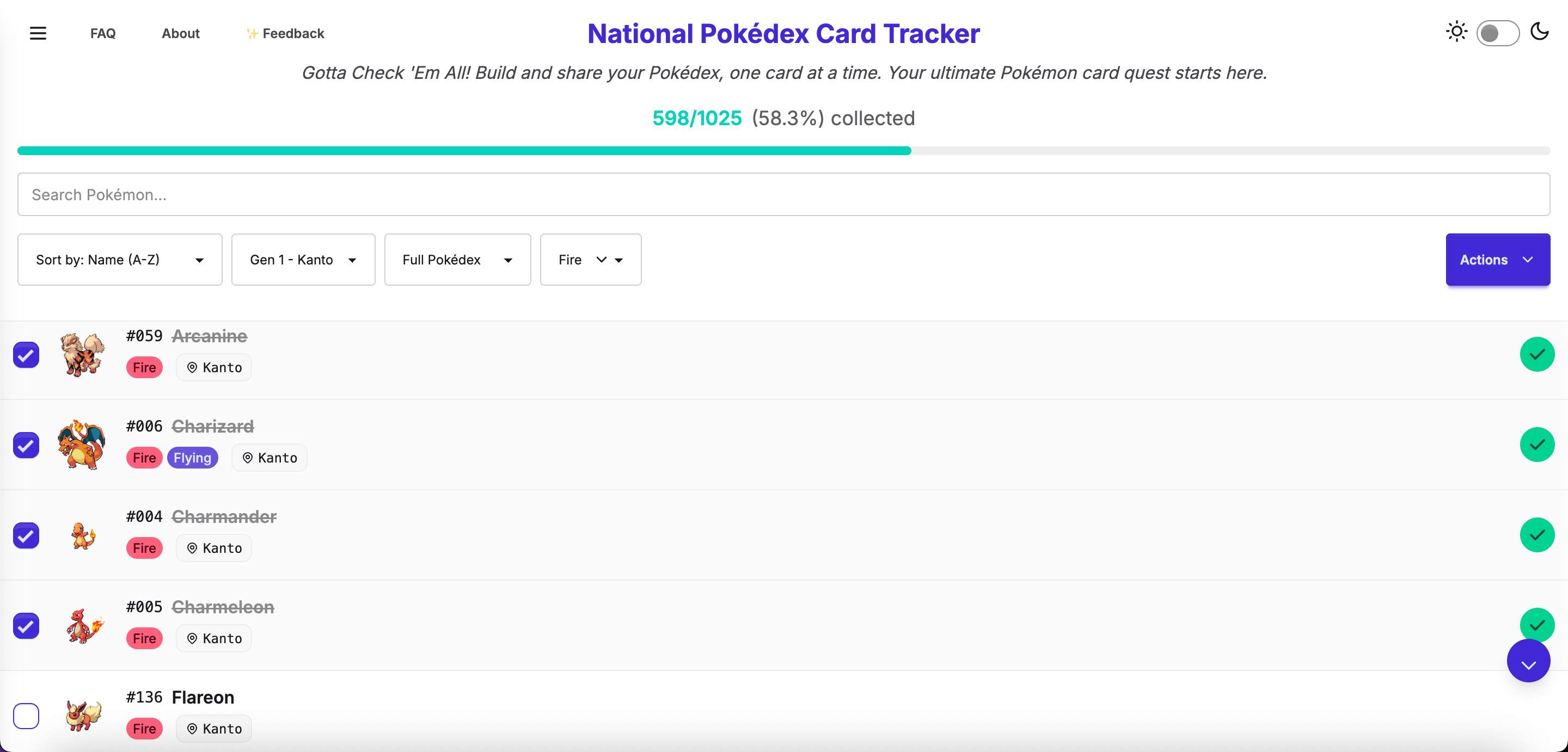 Screenshot of the home page of Pokedex Checklist